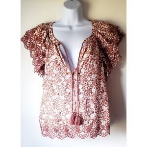 AE 77 Womens Brown Flutter Sleeve Embroidered Floral Top Size Large Boho Hippie